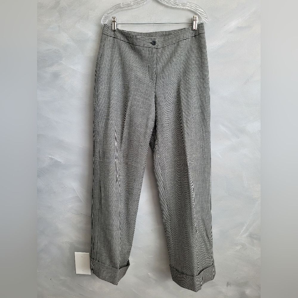 Harvé Benard Micro Houndstooth Black and White Slacks Wool Size 8 Cuff Hem